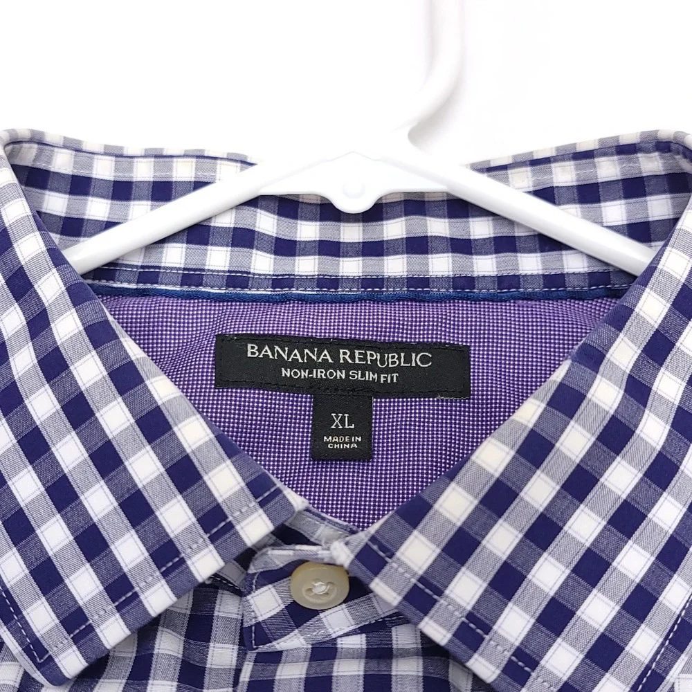 Banana Republic Mens XL Shirt Button Up Non Iron‎ Slim Fit Checked Blue READ